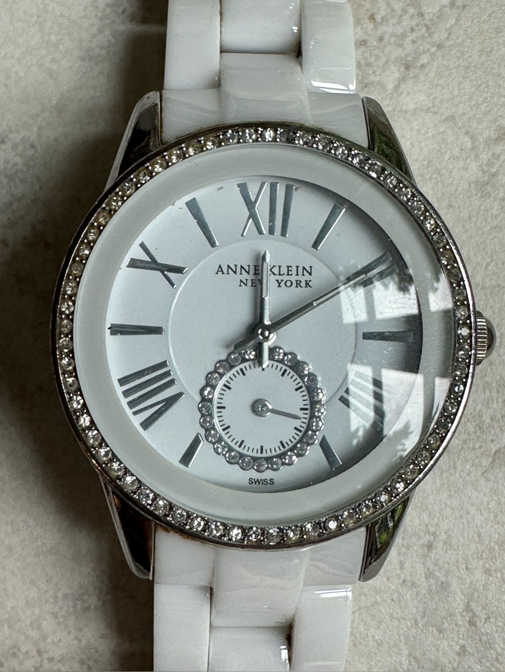 Anne Klein White Ceramic Crystal Bezel Watch 12/2199WTWB Quartz Working - Picture 4 of 8
